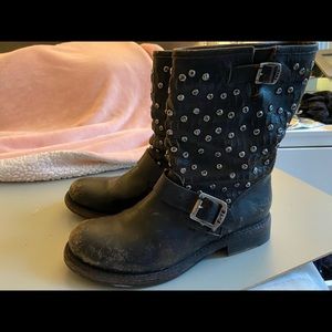 Distressed Frye Jenna Stud Cut Moto Boots